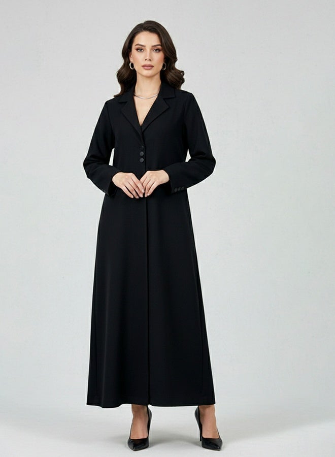 HAWRAA ABAYA Black Abaya with Blazer-Style Cut and Classic Lapel – Minimal Luxury Design - Image 1